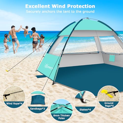 COMMOUDS Beach Tent Sun Shade for 3/4/6/8 Person, UPF 50+ Beach Sun Shelter Canopy Tent, Lightweight, Easy Set Up and Carry - color: Turquoise, size: 4 Person