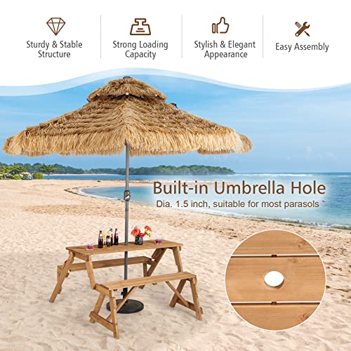 GYMAX Picnic Table, 2 in 1 Convertible Picnic Bench Table Set, Transforming Interchangeable Wooden Picnic Table with Umbrella Hole, Collapsible Outdoor Patio Dining Table Garden Bench