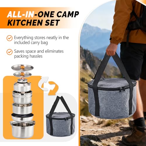 ROVSUN 34/10/6 pcs Camping Cookware Mess Kit, Lightweight Non-Stick Camping Cooking Pot and Pan Set with Stainless Steel Camping Gear Kettle Cup for Open Fire, Backpacking, Outdoor Cooking - style: 6 Pcs