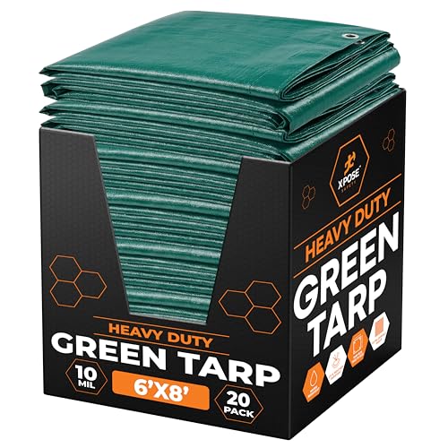Heavy Duty Poly Tarp - 6' x 8' (20-Pack) - 10 Mil Thick Waterproof, UV Blocking Protective Cover - Reversible Green and Black - Laminated Coating - Grommets - by Xpose Safety - color: Green/Black, size: 6 Feet X 8 Feet (20pk)
