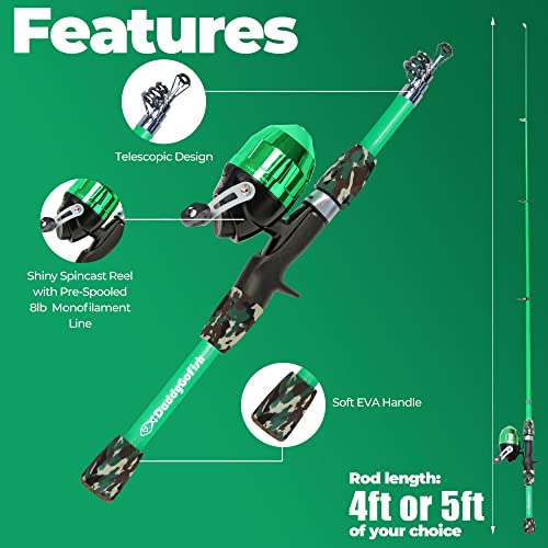 DaddyGoFish Kids Fishing Pole - Rod Reel Combo Tackle Box Starter Set - First Year Small Dock Gear Kit for Boys Girls Toddler Youth Age Beginner Little Children Junior Anglers - color: Green (Complete Set), size: 4ft