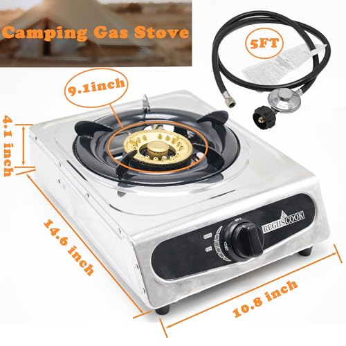 1Burner Propane Gas Cooktop,Camping Portable LPG Gas Stove, Auto Ignition Stainless Steel Countertop with regulator burner grate - color: Stainless Steel