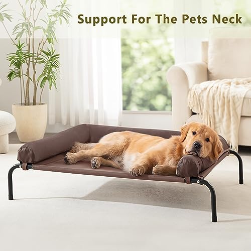 WESTERN HOME Cooling Elevated Dog Bed for Large Dogs, Outdoor Raised Dog Bed Portable Dog Cot Bed with Breathable Mesh, Chew Proof Pet Cots with Removable and Waterproof Bolster - color: Brown, size: 43.0"L x 31.0"W x 8.0"Th