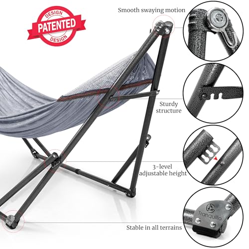 Tranquillo Universal Double Hammock with Stand Included for 2 Persons/Foldable Hammock Stand 600 lbs Capacity Portable Case - Inhouse, Outdoor, Camping, Grey - color: 1. Grey