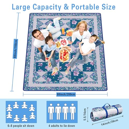 Supfitness Extra Large Picnic Blankets Waterproof Foldable (60"x 80") Beach Blanket Waterproof Sandproof,3-Layer Thicking Mat Outdoor Packable Camping Blanket - color: Flower-7, size: 5' x 6'8" (Rectangular)