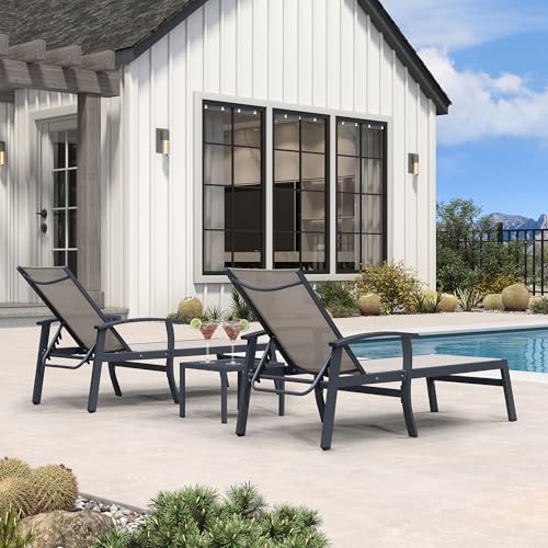 PURPLE LEAF Chaise Lounge Chair Outdoor 2 Pieces Pool Lounge Chairs 5 Adjustable Position with Armrests and Side Table Aluminum Patio Lounge Chair for Outside Backyard Beach Pool, Deep Beige - color: Deep Beige, size: Standard