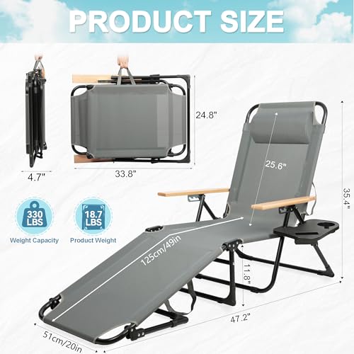 Outdoor Chaise Lounge Chair with 4-Position Adjustable Backrest, Patio Folding Sun Tanning Chair, Pillow & Cup Holder, Portable Recliner Sunbathing Lounger Chairs for Pool Beach Lawn Garden (Grey) - color: Grey