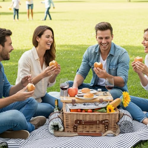 Multifunctional Wicker Picnic Basket Set for 2 with Blanket and Picnic Table, Insulated Picnic Set with Full Tablewares for Camping Outdoor Couples, Stripes - color: Stripes With Blanket &Table for 2