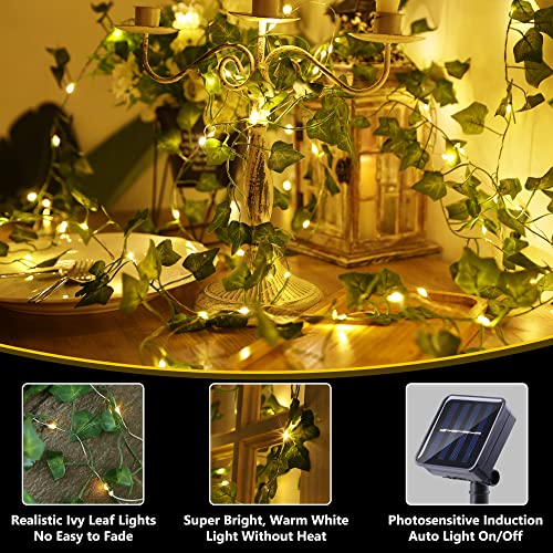 Brizled Solar Vine String Lights, 33ft 100 LED Solar String Lights, 8 Modes Artificial Ivy Leaf Solar Plant Vine Lights, Outdoor Ivy Fairy Lights for Outside Wedding Garden Fence Wall Hanging Decor - color: Warm White-Ivy