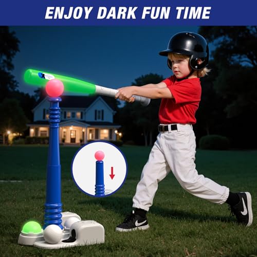 QDRAGON 2 in 1 T Ball Sets for Kids 3-5 5-8, Tee Ball Set with Automatic Pitching Machine/Adjustable Batting Bat & Stand/6 Balls, Baseball Toys Outdoor Sport for Toddlers Boys - color: Blue+red