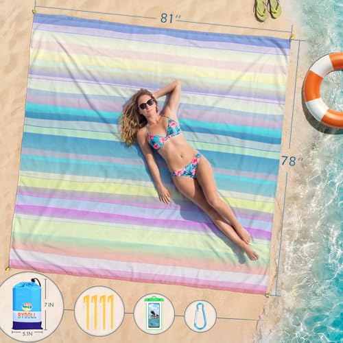 BYDOLL Beach Blanket 78''X81'' Waterproof Sandproof Suits1-4 Adults Oversized Lightweight Large Blanket Picnic Mat for Beach Sand Free Travel Camping Hiking Picnic - color: Rainbow, size: 78"x81"