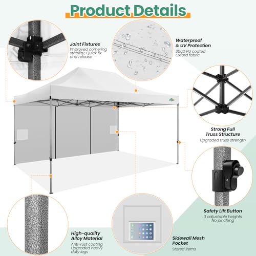 COBIZI 10x15 Pop up Canopy Gazebo 3.0, Easy up Heavy Duty Canopy with 4 Removable Sidewalls, High Stability, All Weather Sunshade 100% Waterproof Outdoor Canopy Tents, White - color: White, size: 10x15 with 4 sidewalls