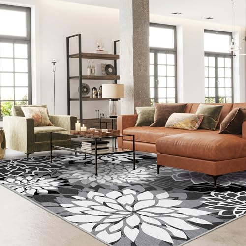 9x12 Outdoor Area Rug Washable Multicolored Patio Rug Tropical Botanical Floral Chenille Waterproof Outdoor Carpet Non-Slip for Deck, Backyard, Porch, Black - color: Black White, size: 9' x 12' (Rectangular)