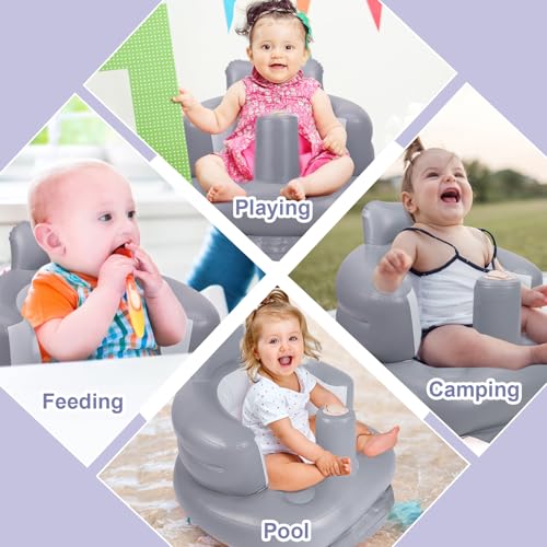 AirSwim Inflatable Baby Seat, Inflatable Baby Chair for Babies 3 Months and Up, Summer Blow Up Chair with Built in Air Pump, Infant Floor Seats for Learning to Sit, Palying, Camping, Grey - color: Grey
