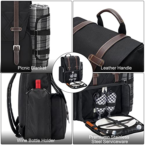 Picnic Backpack for 4 Person with Large Insulated Cooler Bag, Picnic Basket Set with Wine Pouch, Waterproof Picnic Blanket & Cutlery Set. Perfect for, Camping, Party