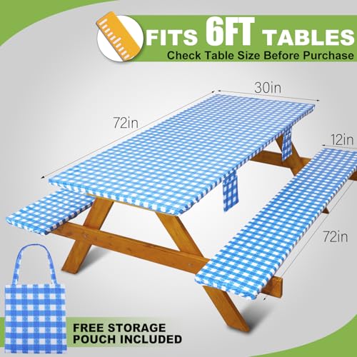 Fitted Picnic Table Cover with Bench Covers Vinyl Waterproof Elastic Edges Fitted Rectangle Tables Patio Tablecloth Camping Gear and Essentials Rv Accessories Road Trip Supplies Car Travel Must Haves - color: Blue Grid, size: 72in