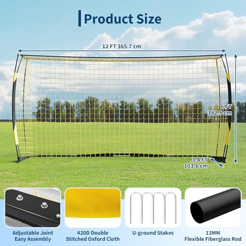 Soccer Goal 12x6 Ft for Backyard, Portable & Collapsible, Heavy Duty Metal Base, Quick Set Up Training Net, Weather-Resistant with Carry Bag for Outdoor & Indoor