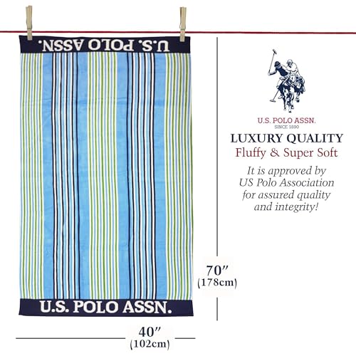 U.S. Polo Assn. 2-Pack Luxury Plush Cotton Oversized (40" x 70") Beach Towels, Striped Nautical Design, Hotel Quality for Bath & Pool- Blue/Green - color: Blue/Green 2, size: 40" x 70"