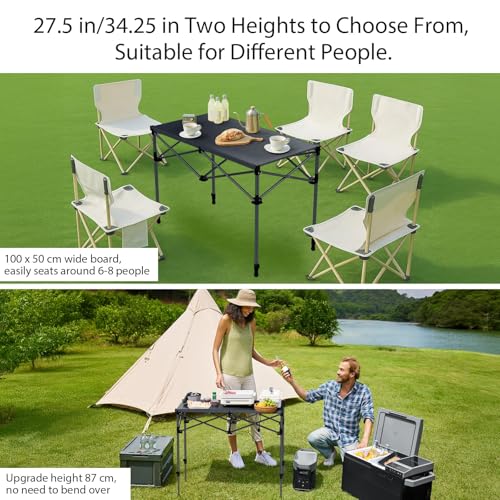 Anbte 34.2” Tall Camping Table Foldable, 2 Adjustable Height Large Roll Up Camping Table Support 264lbs with Storage Basket and Bag, Waterproof, for Travel BBQ Outdoor Patio, 39.4” x 19.7”, Black - color: Black, size: 39.4”L x 19.7”W x 34.2”H (2 heights)