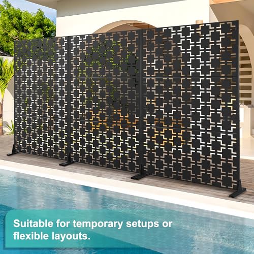 Modern Metal Privacy Screen, Patio Outdoor Privacy Panels with Stand, Freestanding Outdoor Divider for Yard, Deck＆Garden(71.3"*47.3"*15.7") - color: Black,Square