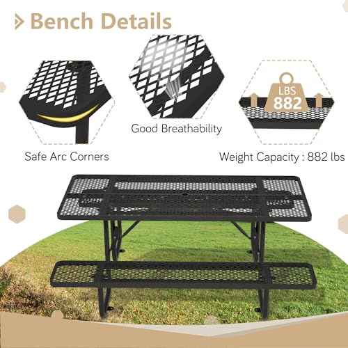 72'' Rustic Metal Picnic Table for Outdoors, Heavy Duty Steel Patio Dining Set with Built-in Benches & Umbrella Hole, Easy Assembly Mesh Outdoor Furniture for Garden, Deck, Courtyard BBQ, Black - color: Black