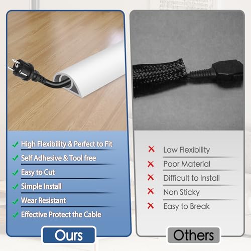 Floor Cord Cover for Wires on Floor Self Adhesive Cord Hider Floor Cable Management Wire Covers for Cords Protector Prevent Cable Trips Cord Cavity W 0.32" x H 0.32", White, 10Ft - color: White, size: 0.78 In x 10 Ft