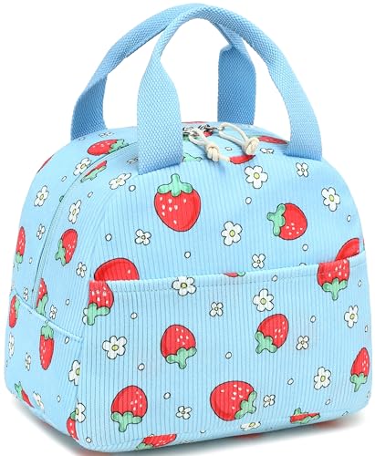 LEDAOU Lunch Box for Women Insulated Lunch Bag Corduroy Lunch Tote Bags Leakproof Cooler Lunch Case for Travel Work Picnic (Blue Strawberry) - color: Blue Strawberry