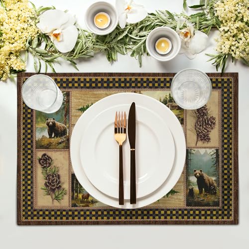 Rustic Lodge Bear Deer Placemats 4 Pcs, Vintage Cabin Pine Cone Plaid Place Mats, Heat Resistant Non Slip Cotton Linen Dining Table Mats Home Kitchen Decor, 18 x 12 Inch - color: Bear Cabin