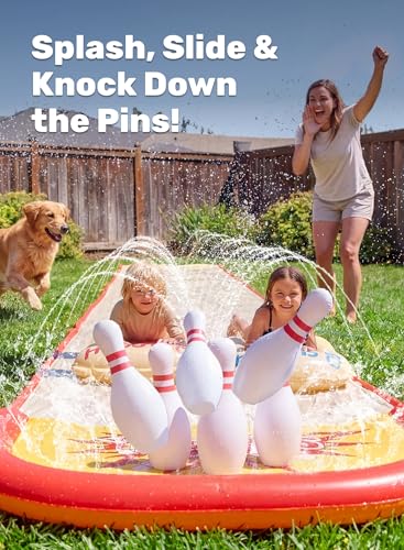 Sloosh 20FT Lawn Water Slide Bowling Game Set,Water Slides and 2 Bodyboards Summer Slip Waterslide Toy with Build in Sprinkler for Backyard Outdoor Fun for Kids
