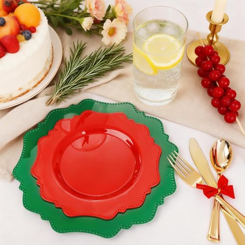 COLOSUS 100pcs Red and Green Plastic Plates, Red and Green Christmas Plastic Plates, Heavy Duty 25 Green/Red Dinner plate 10.5” and 25 Red/Green Salad/Dessert Plate 8.25” suite for Festival - color: Red and Green