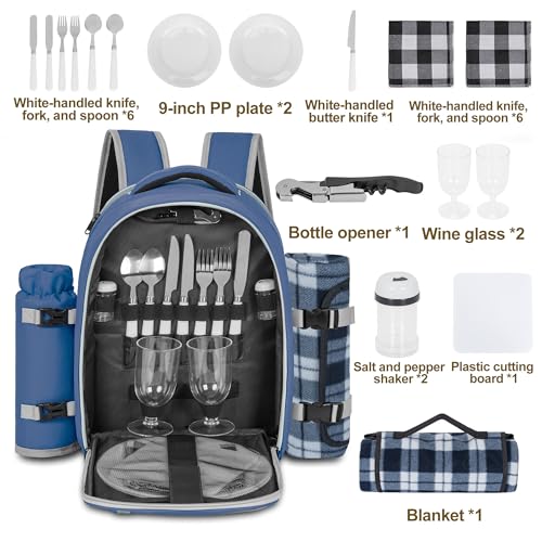 Picnic Backpack for 2 Persons with Insulated Leakproof Cooler Compartment, Cutlery Sets, Wine Holder, Fleece Blanket, Wedding Gifts for Couples, Perfect for Beach, Camping, Hiking, Blue - color: Blue, size: For 2 Persons