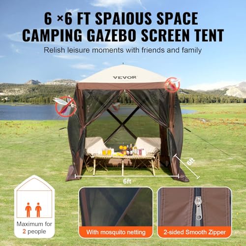 VEVOR Pop Up Gazebo Tent, Pop-Up Screen Tent 4 Sided Canopy Sun Shelter with 4 Removable Privacy Wind Cloths & Mesh Windows, 6x6FT Quick Set Screen Tent with Mosquito Netting, Brown - color: Brown, size: 6x6ft
