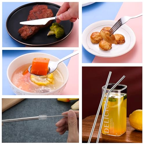 4 Colors Portable Travel Utensils with Case, Reusable Stainless Steel Cutlery Include Knife Fork Spoon Straw for Travel Camping Office