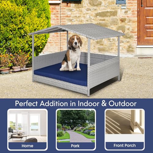 Tangkula Wicker Dog House, Indoor Outdoor Raised Rattan Dog Bed w/Removable Cushion, Washable Cover, Weatherproof Roof, Rattan Puppy Shelter w/Elevated Floor for Small Medium Dogs (Grey & Navy) - style: Grey House & Navy Cushion