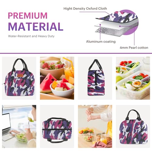 Lunch Bag for Women & Men Adult Insulated Lunch Box, Small Leakproof Cooler Food Lunch Containers Reusable High Capacity Lunch Tote Bags for Work, Travel, Outdoor (Purple Camo) - color: Purple Camo