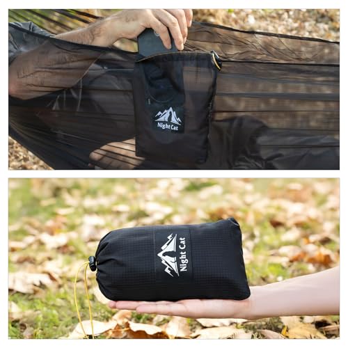 Night Cat Ultralight Pocket Hammock: Durable Tree Hammock Tear-Resistant HMPE Ripstop High Strength Fabric Only 0.66lb Max Load 330lbs Portable for Solo Hiking Backpacking