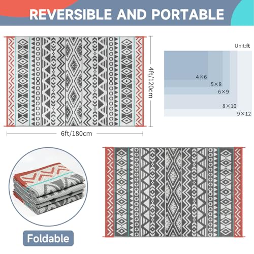 Outdoor Rugs Patio Camping Waterproof - 4x6 Plastic Straw Patio Rug Portable for Campers, Outside RVs Mat, Outdoor Area Carpet for Patios Clearance, Backyard Porch, Balcony, Picnic - color: Green Grey, size: 4' x 6' (Rectangular)
