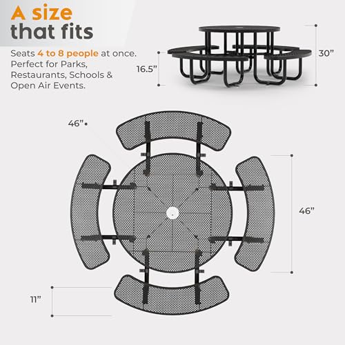 Metal Picnic Tables for Outdoors with Umbrella Hole - Coated Steel Heavy Duty Commercial Grade Furniture Set with Adjustable Seats (Black, 46 in, Round, Punched Steel) - color: Black, size: 46 In, Round, Punched Steel