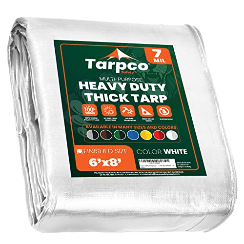 Heavy Duty 7 Mil Tarp Cover, Waterproof, UV Resistant, Rip and Tear Proof, Poly Tarpaulin with Reinforced Edges for Roof, Camping, Patio, Pool Cover, Boat (White 6′ X 8′) - color: White-7 Mil, size: 6′ X 8′