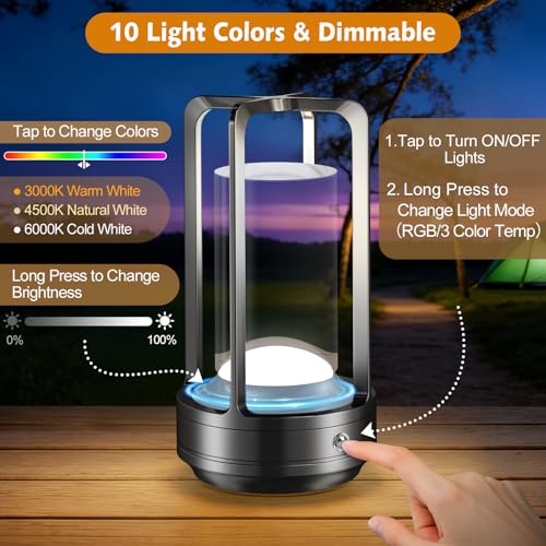 Portable Table Lamp for Outdoor Indoor: Cordless Rechargeable Desk Lamp with 10 Colors - Shower Lamp with Stepless Dimmable - Metal Battery Operated Lantern Light for Bedroom/Bar/Coffee Shop/Camping - color: Black+RGB