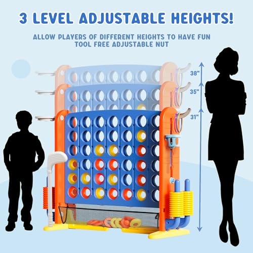 Wdmiya Giant 4 Outdoor Game Set, 4-in-1 Height Adjustable Jumbo 4-in-a-Row Game with Ring Toss, Basketball Hoop & Golf, Backyard Games for Kids & Adults, Includes Mesh Pocket (Upgrade Blue) - color: Upgrade Blue