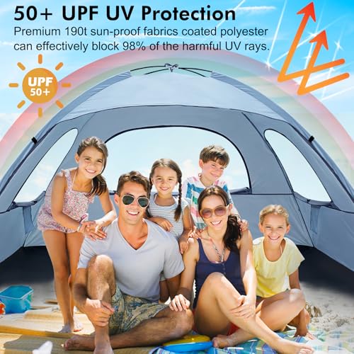 WhiteFang Beach Tent Anti-UV Portable Sun Shade Shelter for 3/4/6/8 Person, Extendable Floor with 3 Ventilating Mesh Windows Plus Carrying Bag, Stakes and Guy Lines - color: Sierra Blue, size: 6 Person