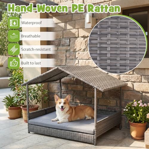 Giantex Outdoor Wicker Dog House with Roof Canopy, Elevated Rattan Dog Bed with Washable Cushion, Weatherproof Patio Pet Bed for Small Medium Dogs, Heavy Duty Metal Frame, 165 lbs, Gray - style: Gray House & Gray Cushion
