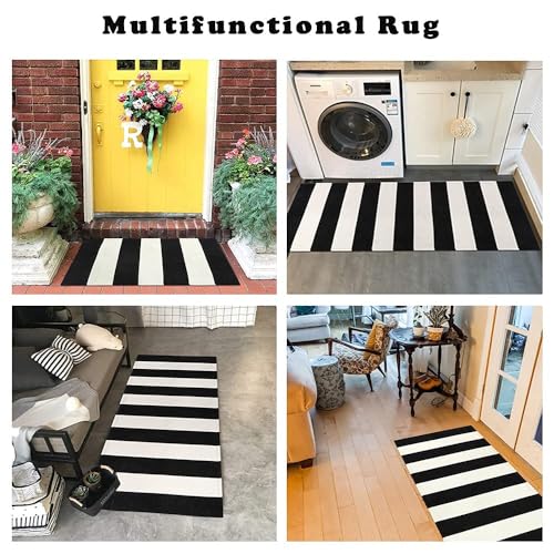 LEEVAN Black and White Rug 2X3, Washable Black Door Mat Cotton Woven Front Porch Rugs, Layered Door Mats Outdoor Welcome Indoor Door Mats, Farmhouse Go Away Doormat Door Mat Indoor Entrance Rug - color: Black and White Stripes, size: 2' x 3' (Rectangular)