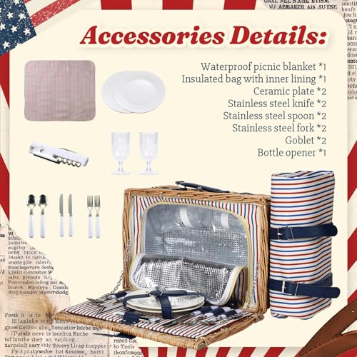 Wicker Picnic Basket for 2 with Waterproof Picnic Blanket and Insulated Bag Classic Red, White and Blue Stripes for Soccer Game, Camping, Travel, Birthday Gift, Wedding Gift - color: Red White and Blue Stripes