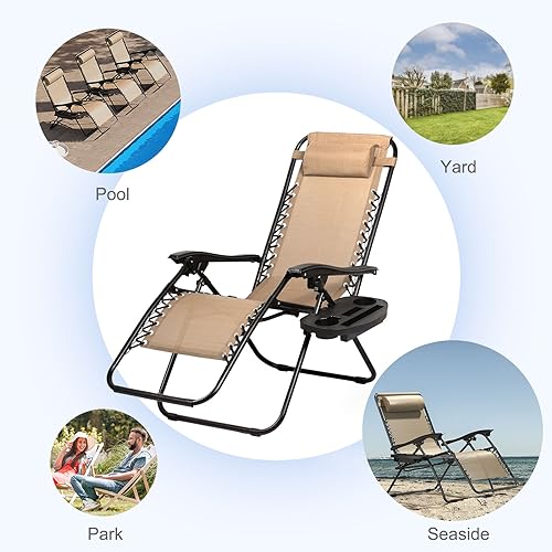 Nazhura Set of 2 Relaxing Recliners Patio Chairs Adjustable Steel Mesh Zero Gravity Lounge Chair Beach Chairs with Pillow and Cup Holder Khaki (Kahki) - color: Kahki