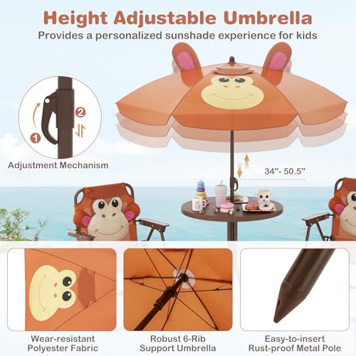 Costzon Kids Picnic Table, Kids Outdoor Table with 2 Folding Chairs, Height Adjustable Umbrella, Portable Children Outdoor Furniture for Patio, Garden, Backyard (Brown) - color: Brown Monkey