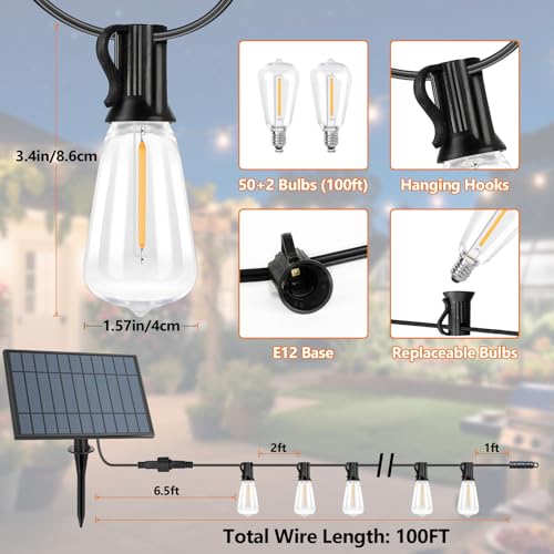 100FT Outdoor Solar String Lights with Remote, USB Rechargeable LED Patio Lights with 52 Timer Dimmable ST38 Edison Bulbs, Enhanced 5W Solar Panel Outside Hanging Lights for Porch Garden Deck Backyard - size: 100FT
