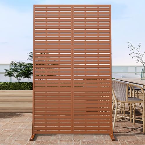 Metal Privacy Screen Outdoor with Stand, 6 ft Tall Decorative Privacy Fence Featuring Simple Assembly, Freestanding Fence Panels & Portable Divider Screens for Patio, Balcony, Garden, Backyard - color: Brown&louvered, size: 72"H x 46.2"D