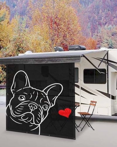 RV Awning Sun Shade Screen 9'X7' French Bulldog Mesh Sunscreen Cute Dog Love Heart Awning Shade Screen with Zipper UV Blocker Completed Kits Universal Outdoor Canopy for RV Motorhome Camper Trailer - size: 9x7 ft